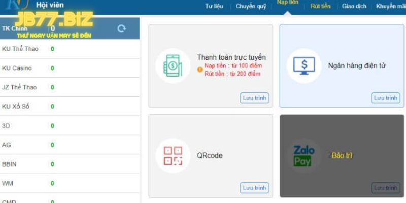 Điều kiện nạp tiền JB77